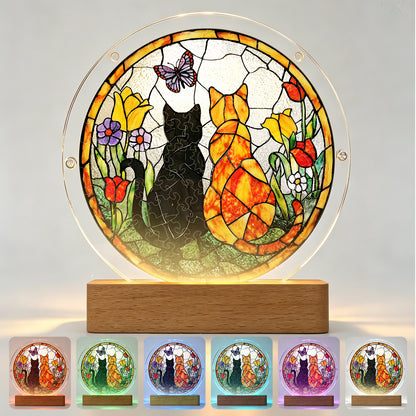 Acrylic Jigsaw Puzzle Suncatcher – Sunlit Cat Companions(LED Wood Base Edition)