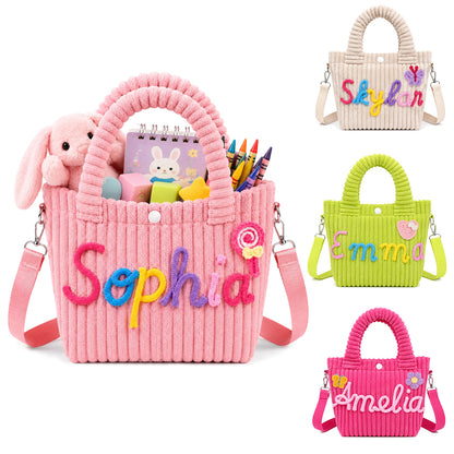Personalized Corduroy Kids Handbag – Custom Name Shoulder & Tote Bag