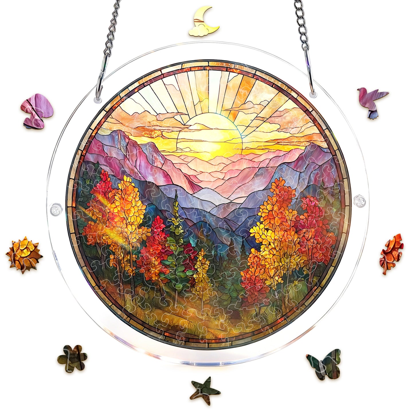 Acrylic Jigsaw Puzzle Suncatcher - Golden Autumn Mountain Sunrise