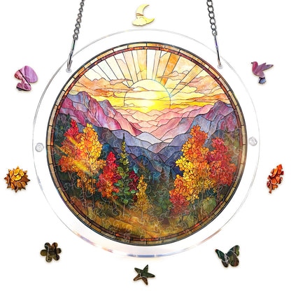 Acrylic Jigsaw Puzzle Suncatcher - Golden Autumn Mountain Sunrise