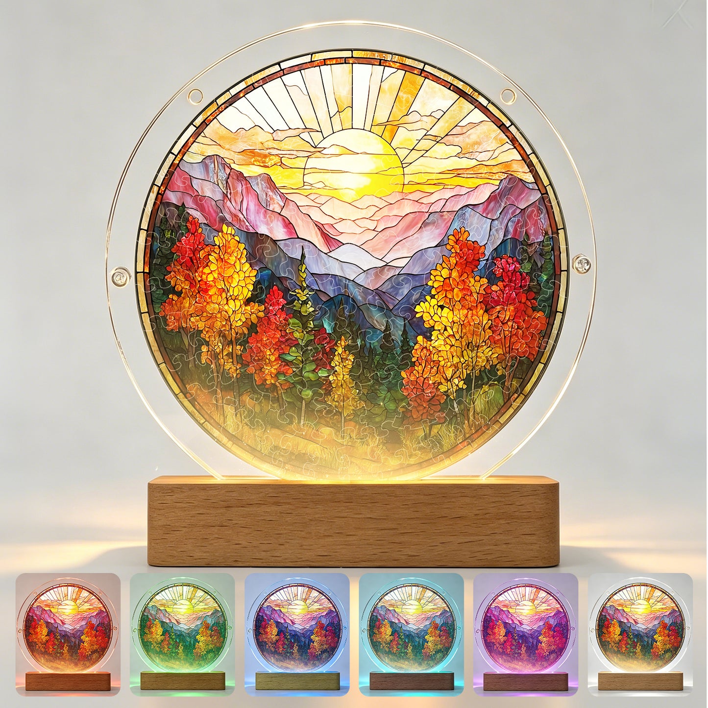 Acrylic Jigsaw Puzzle Suncatcher - Golden Autumn Mountain Sunrise(LED Wood Base Edition)