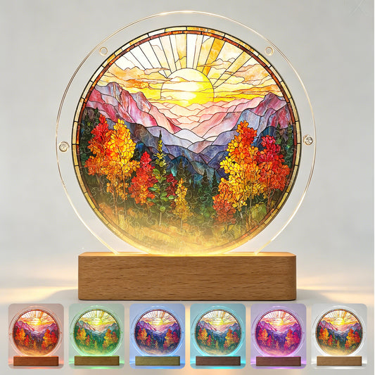 Acrylic Jigsaw Puzzle Suncatcher - Golden Autumn Mountain Sunrise(LED Wood Base Edition)