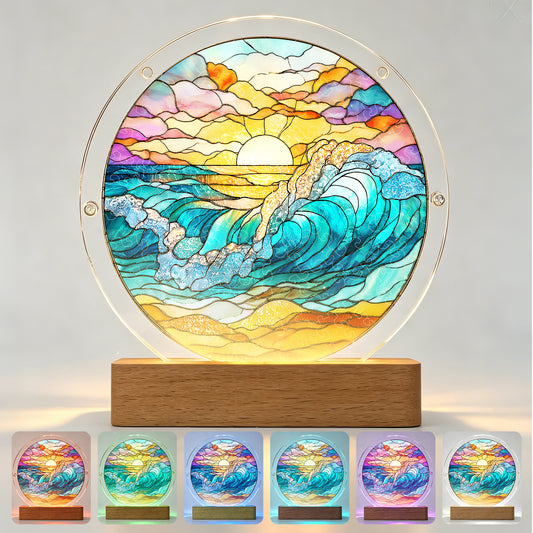 Acrylic Jigsaw Puzzle Suncatcher – Golden Tide Sunrise(LED Wood Base Edition)
