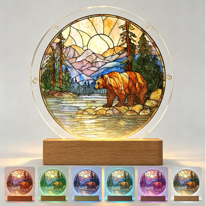Acrylic Jigsaw Puzzle Suncatcher - Majestic Mountain Grizzly(LED Wood Base Edition)