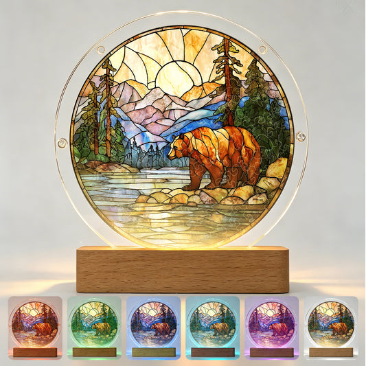 Acrylic Jigsaw Puzzle Suncatcher - Majestic Mountain Grizzly(LED Wood Base Edition)
