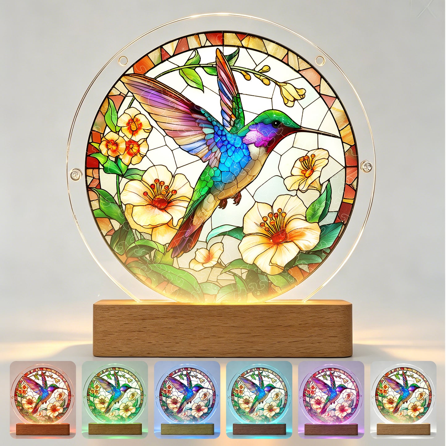 Acrylic Jigsaw Puzzle Suncatcher – Hummingbird Bloom(LED Wood Base Edition)