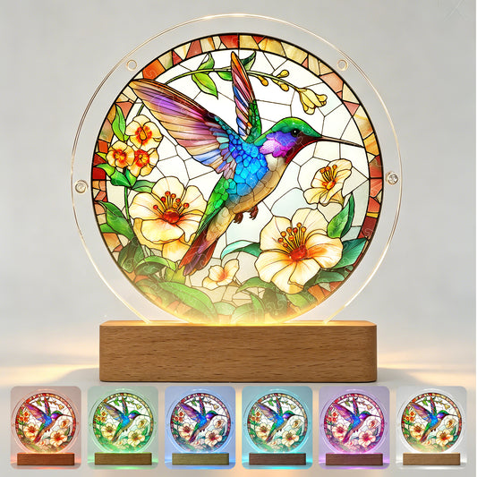 Acrylic Jigsaw Puzzle Suncatcher – Hummingbird Bloom(LED Wood Base Edition)