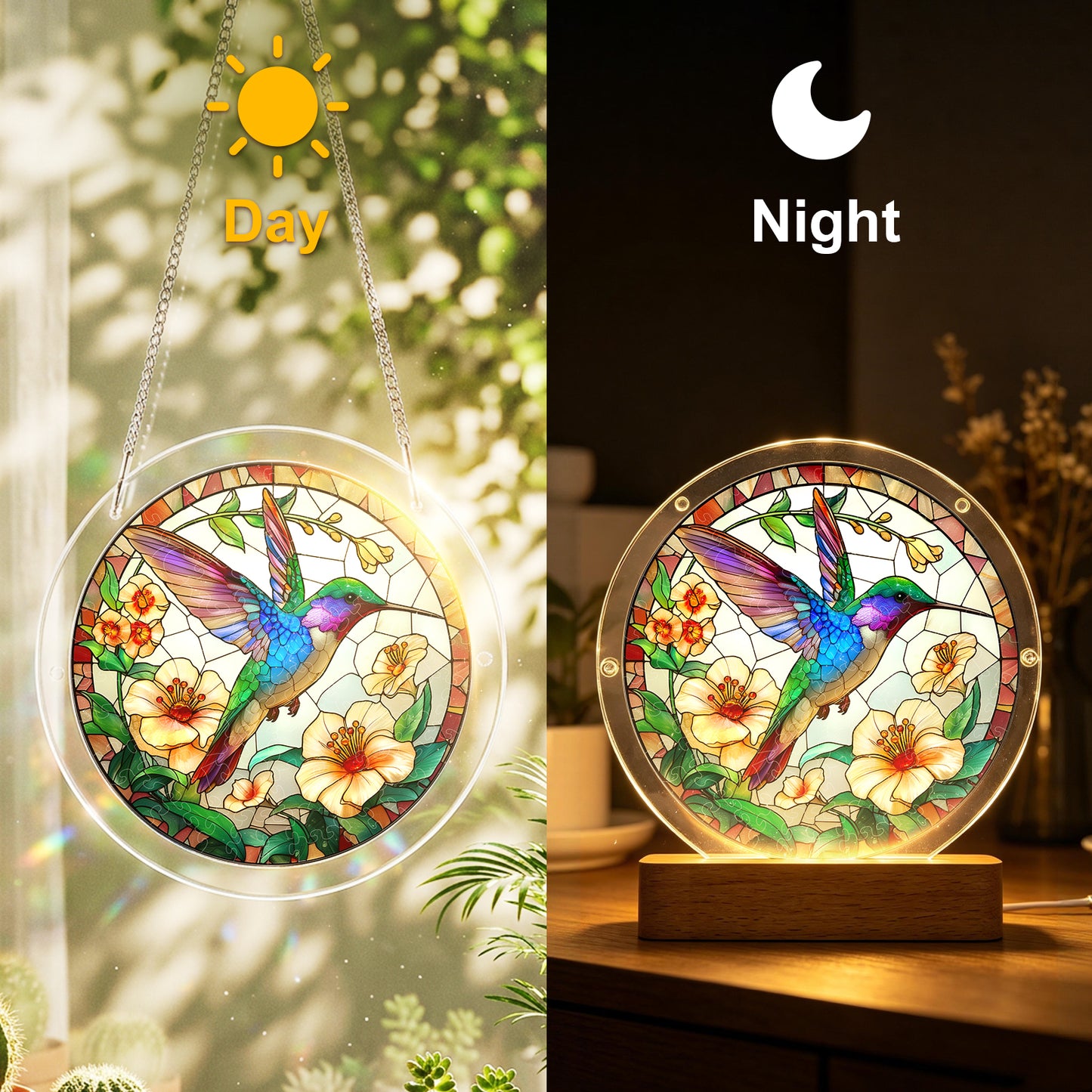 Acrylic Jigsaw Puzzle Suncatcher – Hummingbird Bloom(LED Wood Base Edition)