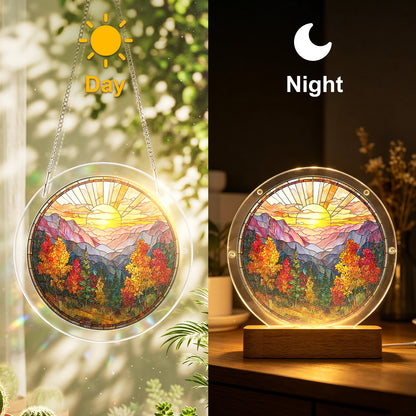 Acrylic Jigsaw Puzzle Suncatcher - Golden Autumn Mountain Sunrise(LED Wood Base Edition)