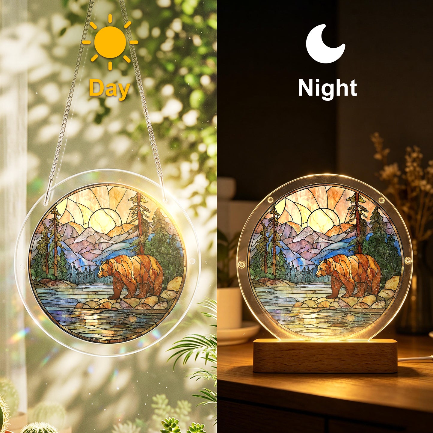 Acrylic Jigsaw Puzzle Suncatcher - Majestic Mountain Grizzly(LED Wood Base Edition)