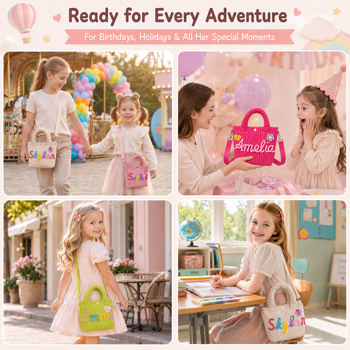 Personalized Corduroy Kids Handbag – Custom Name Shoulder & Tote Bag