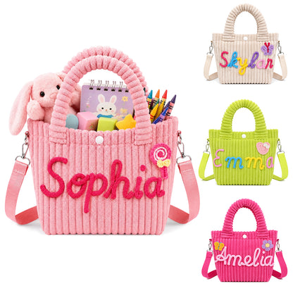 Personalized Corduroy Kids Handbag – Custom Name Shoulder & Tote Bag