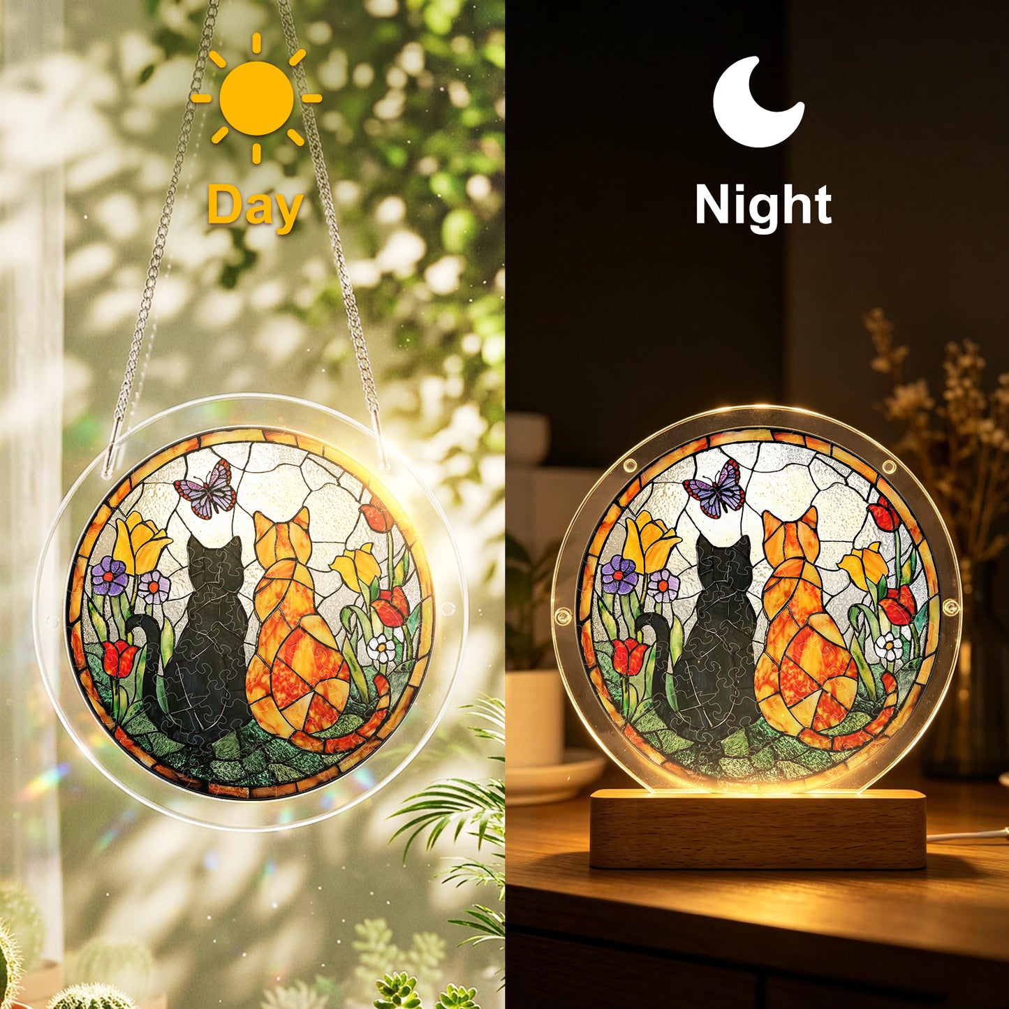 Acrylic Jigsaw Puzzle Suncatcher – Sunlit Cat Companions(LED Wood Base Edition)