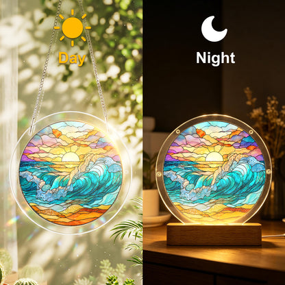 Acrylic Jigsaw Puzzle Suncatcher – Golden Tide Sunrise(LED Wood Base Edition)