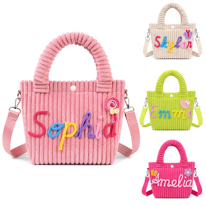 Personalized Corduroy Kids Handbag – Custom Name Shoulder & Tote Bag