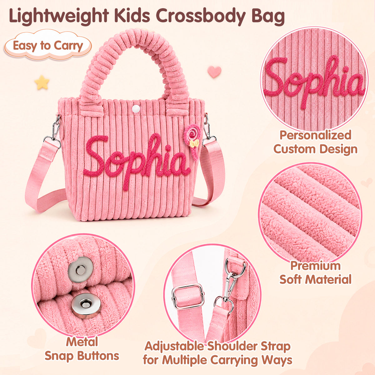 Personalized Corduroy Kids Handbag – Custom Name Shoulder & Tote Bag