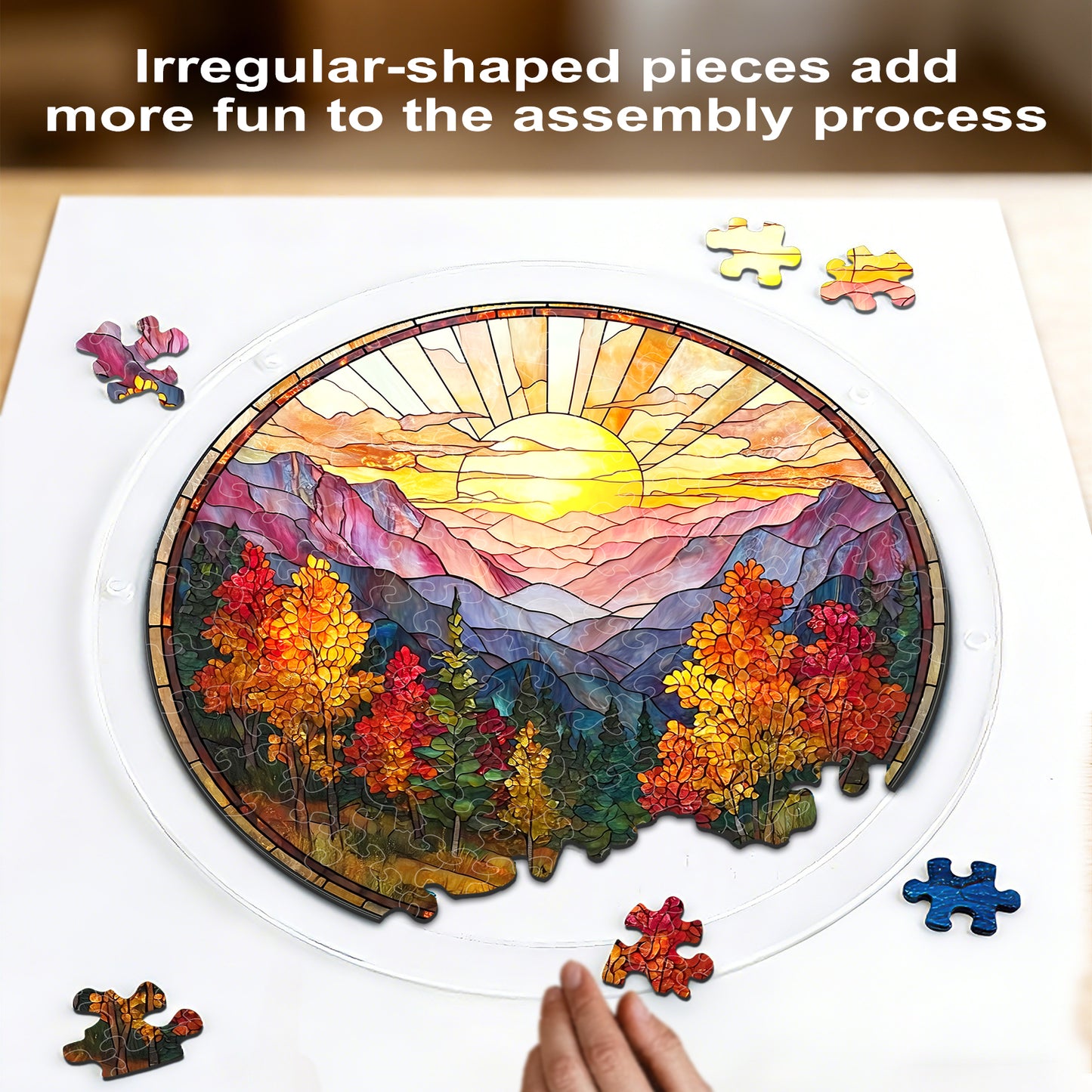 Acrylic Jigsaw Puzzle Suncatcher - Golden Autumn Mountain Sunrise(LED Wood Base Edition)