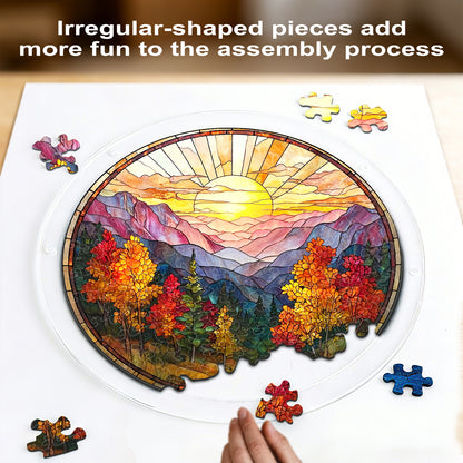 Acrylic Jigsaw Puzzle Suncatcher - Golden Autumn Mountain Sunrise(LED Wood Base Edition)