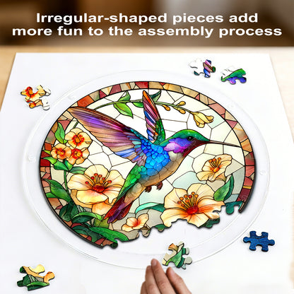 Acrylic Jigsaw Puzzle Suncatcher – Hummingbird Bloom(LED Wood Base Edition)