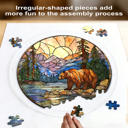Acrylic Jigsaw Puzzle Suncatcher - Majestic Mountain Grizzly(LED Wood Base Edition)