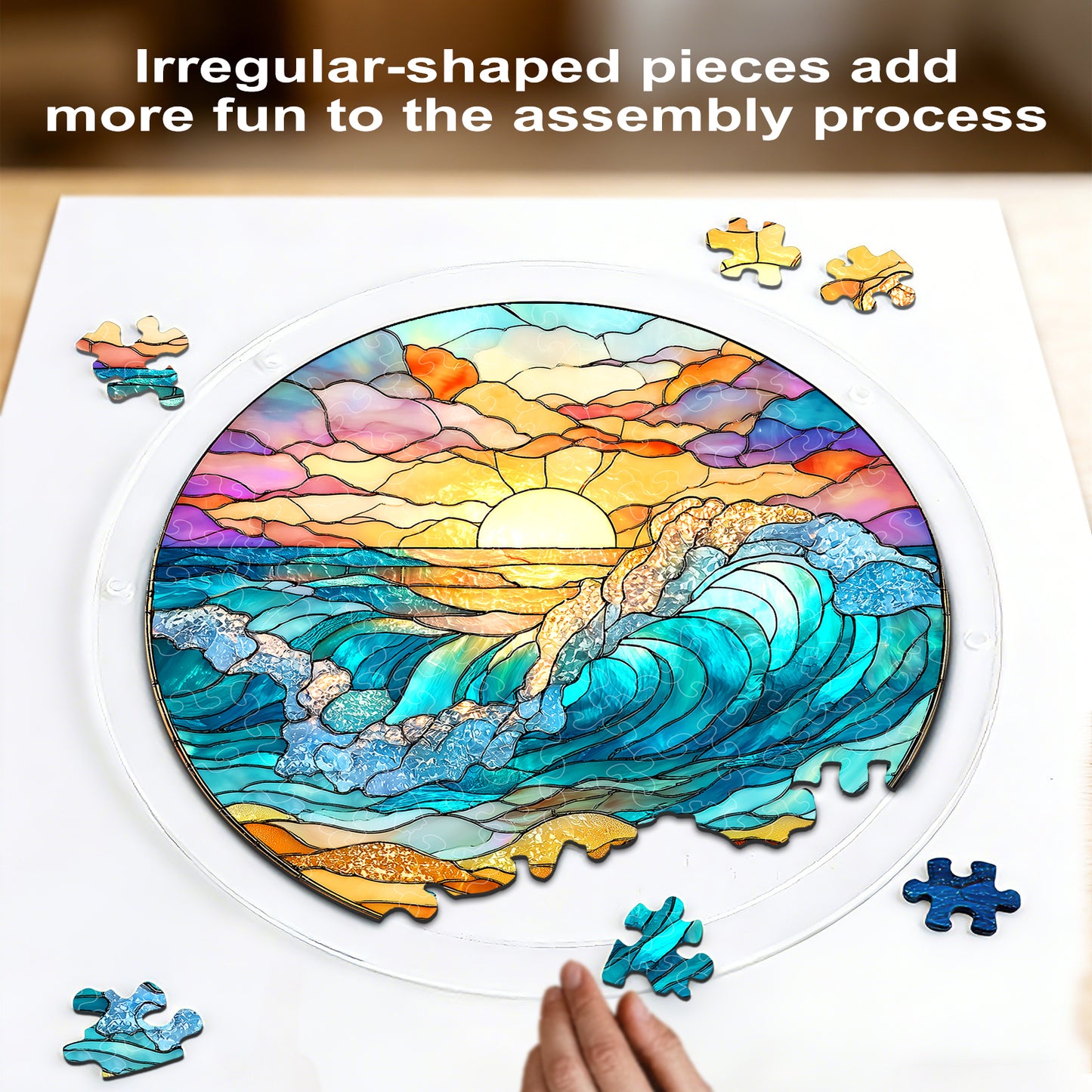 Acrylic Jigsaw Puzzle Suncatcher – Golden Tide Sunrise(LED Wood Base Edition)