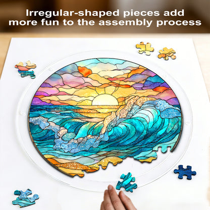 Acrylic Jigsaw Puzzle Suncatcher – Golden Tide Sunrise(LED Wood Base Edition)
