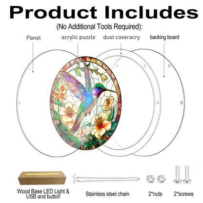 Acrylic Jigsaw Puzzle Suncatcher – Hummingbird Bloom(LED Wood Base Edition)