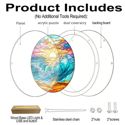 Acrylic Jigsaw Puzzle Suncatcher – Golden Tide Sunrise(LED Wood Base Edition)