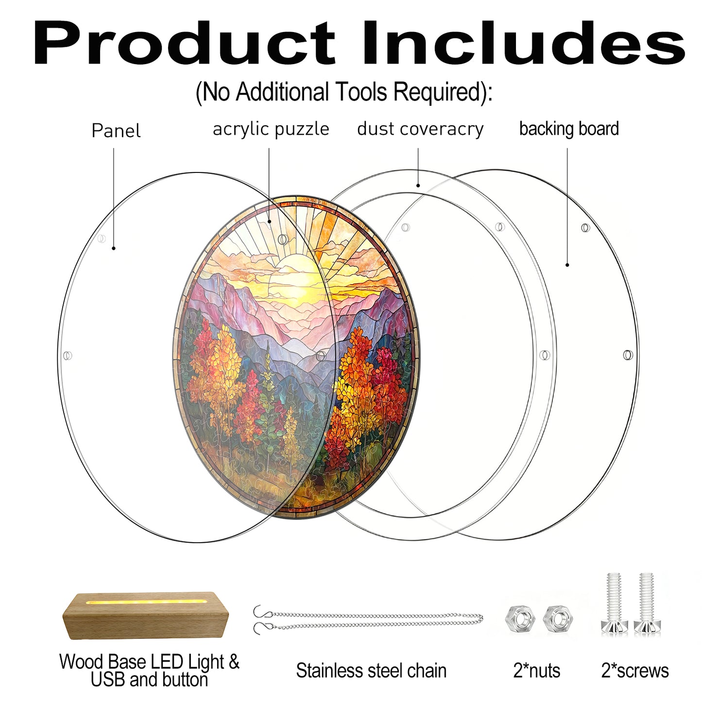 Acrylic Jigsaw Puzzle Suncatcher - Golden Autumn Mountain Sunrise(LED Wood Base Edition)