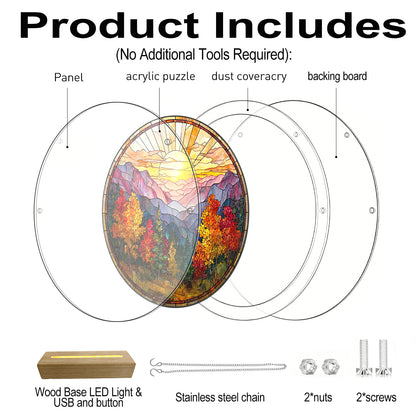 Acrylic Jigsaw Puzzle Suncatcher - Golden Autumn Mountain Sunrise(LED Wood Base Edition)