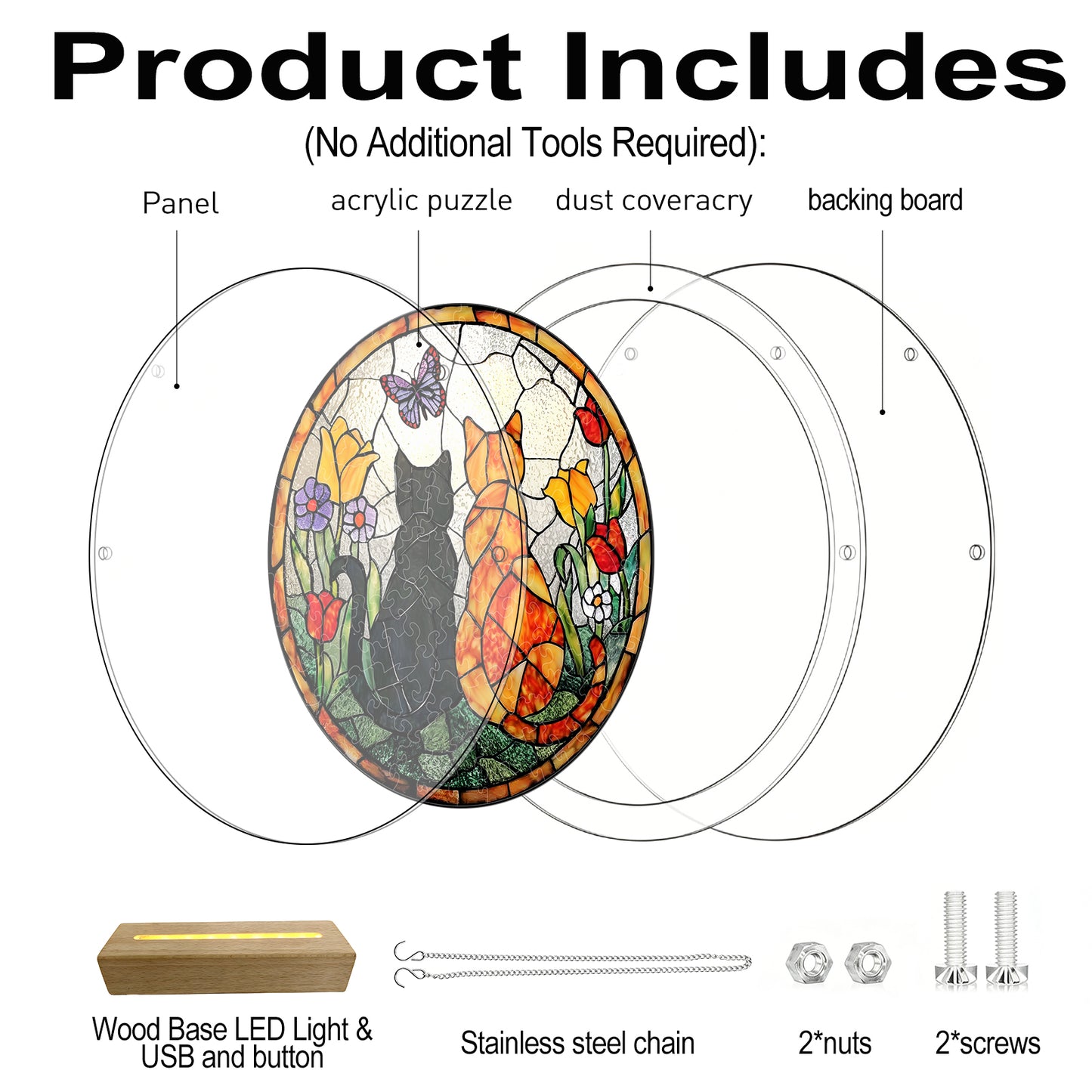 Acrylic Jigsaw Puzzle Suncatcher – Sunlit Cat Companions(LED Wood Base Edition)