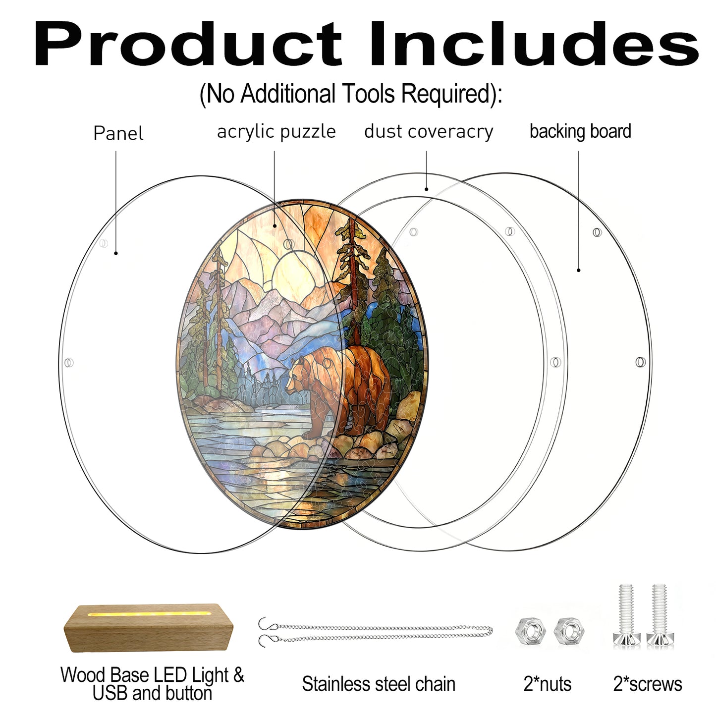 Acrylic Jigsaw Puzzle Suncatcher - Majestic Mountain Grizzly(LED Wood Base Edition)