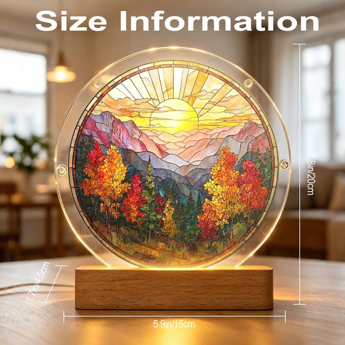Acrylic Jigsaw Puzzle Suncatcher - Golden Autumn Mountain Sunrise(LED Wood Base Edition)