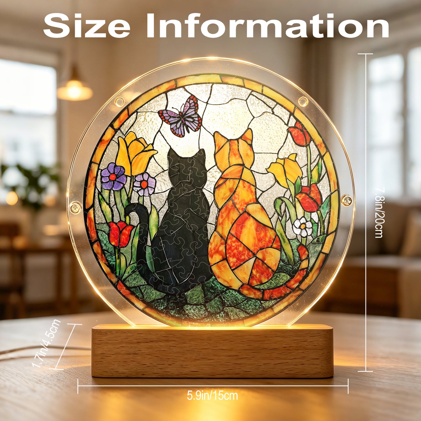Acrylic Jigsaw Puzzle Suncatcher – Sunlit Cat Companions(LED Wood Base Edition)