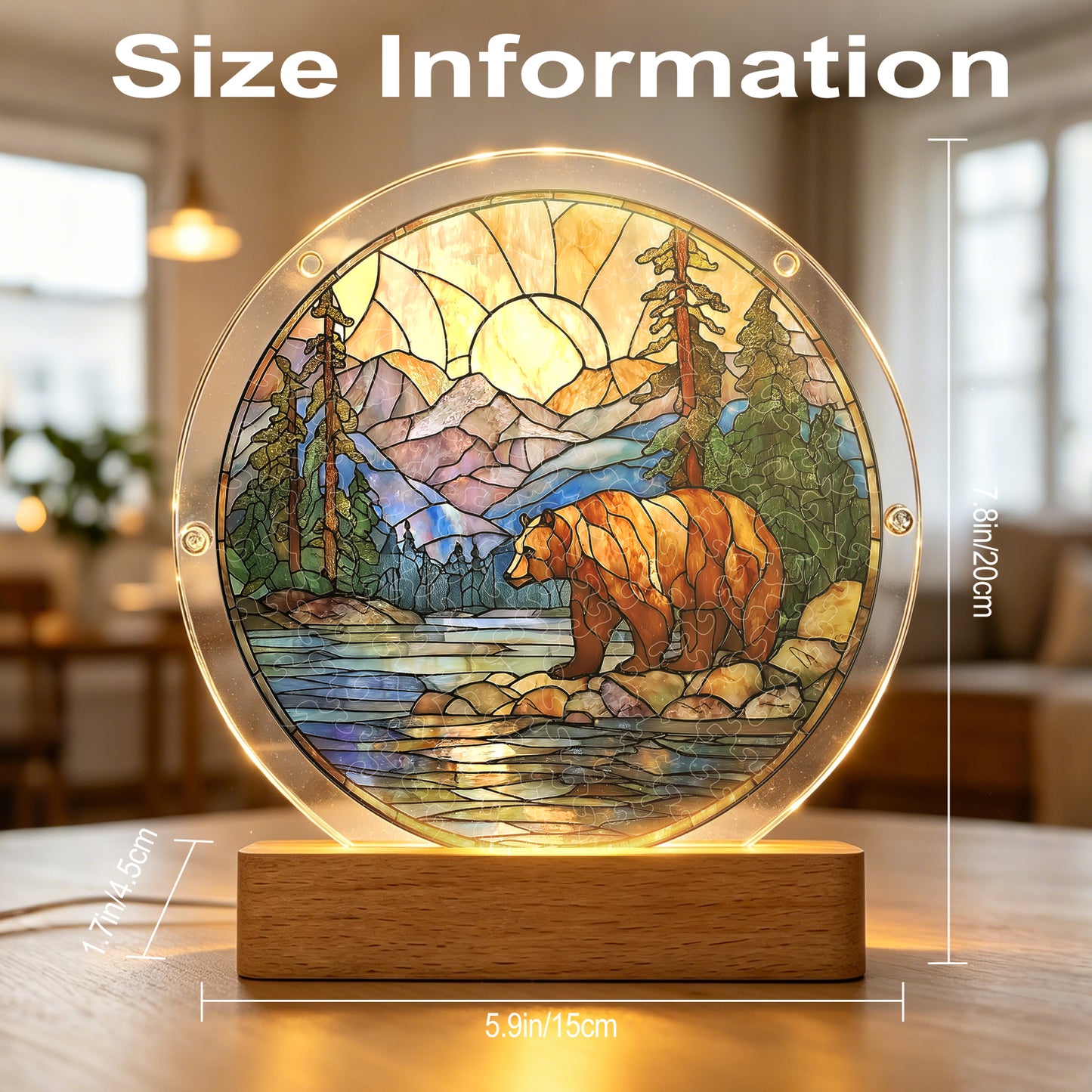 Acrylic Jigsaw Puzzle Suncatcher - Majestic Mountain Grizzly(LED Wood Base Edition)