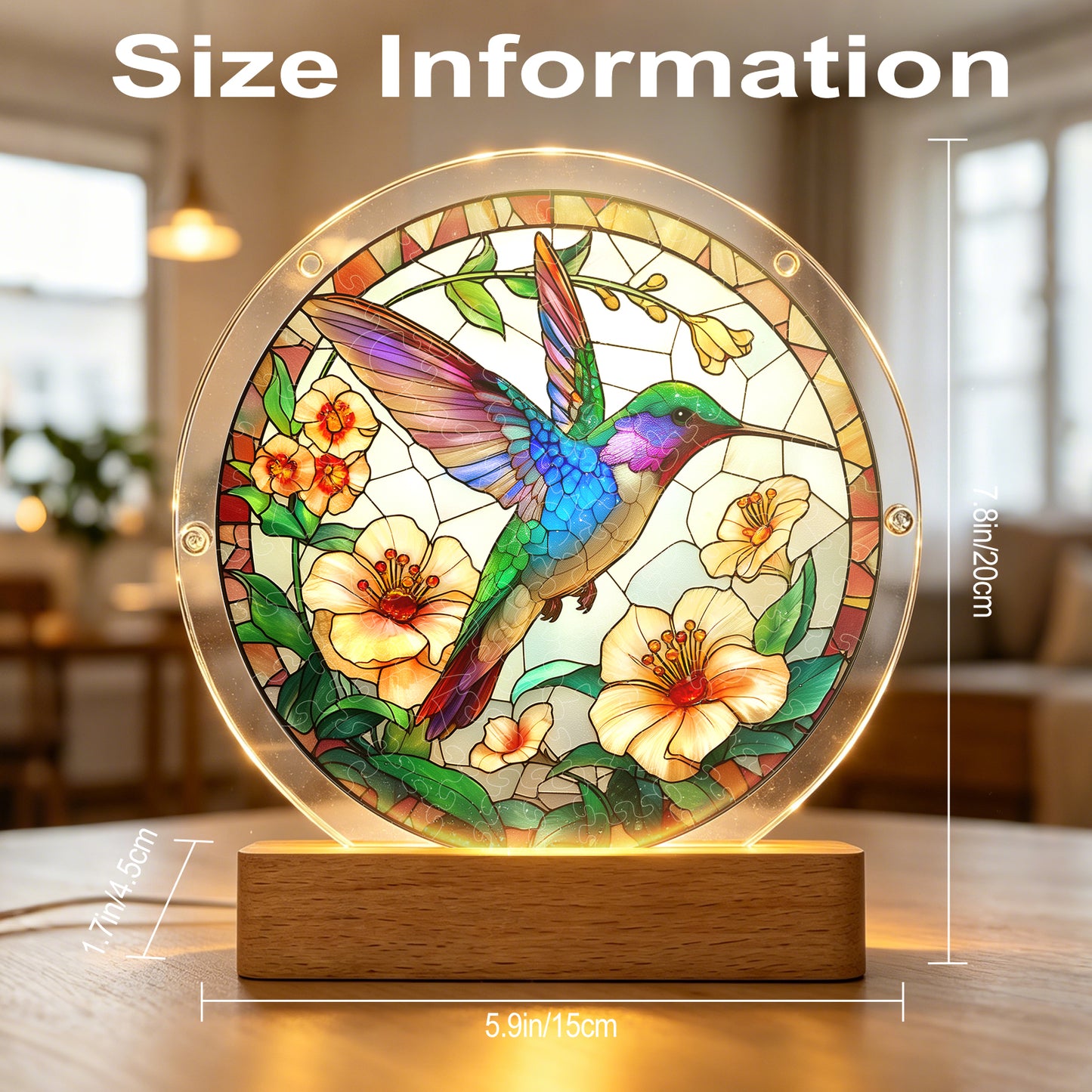 Acrylic Jigsaw Puzzle Suncatcher – Hummingbird Bloom(LED Wood Base Edition)