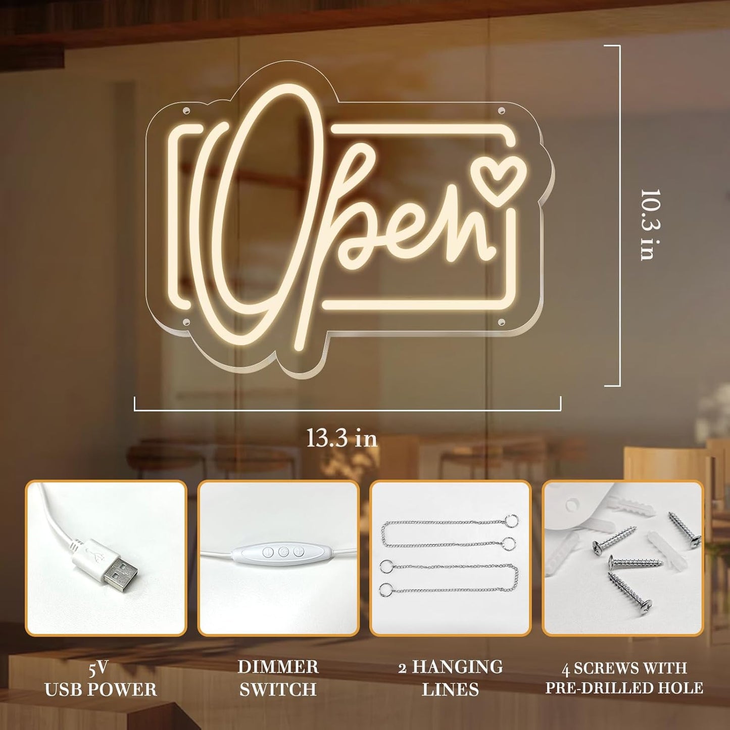 Dimmable "Open" LED Neon Sign: High-Visibility Decor for Small Businesses & Shops