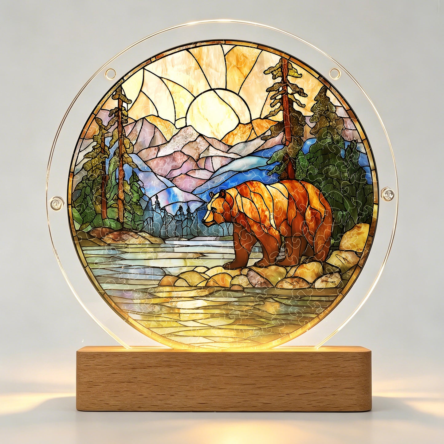 Acrylic Jigsaw Puzzle Suncatcher - Majestic Mountain Grizzly(LED Wood Base Edition)