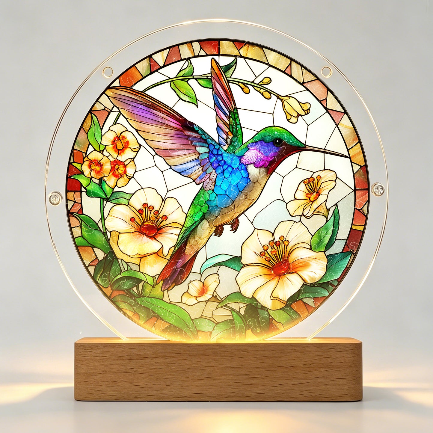 Acrylic Jigsaw Puzzle Suncatcher – Hummingbird Bloom(LED Wood Base Edition)