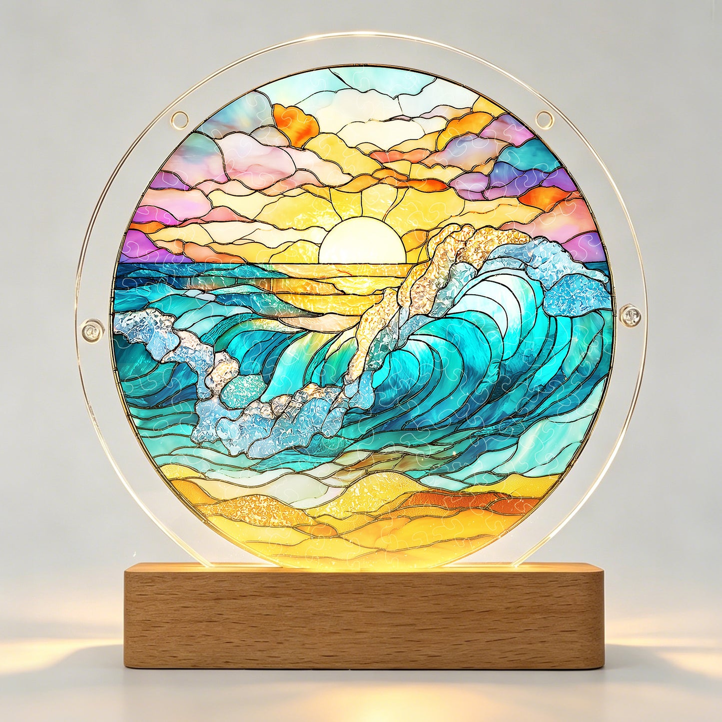 Acrylic Jigsaw Puzzle Suncatcher – Golden Tide Sunrise(LED Wood Base Edition)