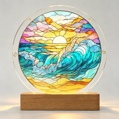Acrylic Jigsaw Puzzle Suncatcher – Golden Tide Sunrise(LED Wood Base Edition)