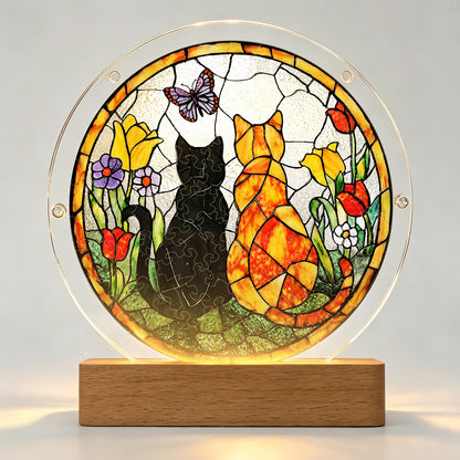Acrylic Jigsaw Puzzle Suncatcher – Sunlit Cat Companions(LED Wood Base Edition)