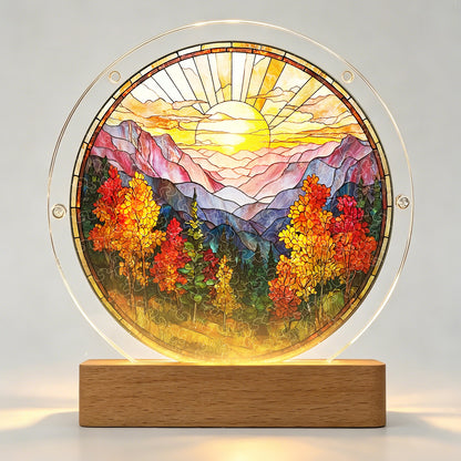 Acrylic Jigsaw Puzzle Suncatcher - Golden Autumn Mountain Sunrise(LED Wood Base Edition)