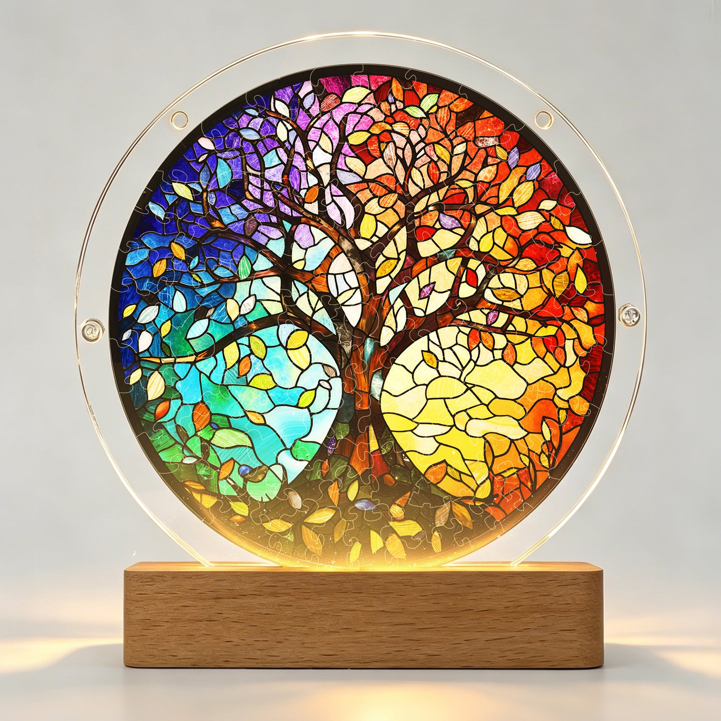 Acrylic Jigsaw Puzzle Suncatcher - Four Seasons Tree of Life(LED Wood Base Edition)