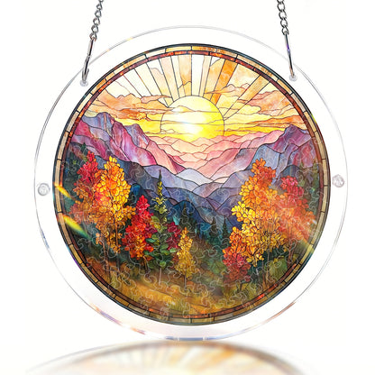 Acrylic Jigsaw Puzzle Suncatcher - Golden Autumn Mountain Sunrise